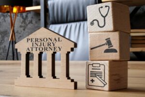 Wooden blocks with medical, gavel, and document icons are stacked beside a wooden model with "Personal Injury Attorney" engraved on it, highlighting the expertise of a seasoned Personal Injury Lawyer.